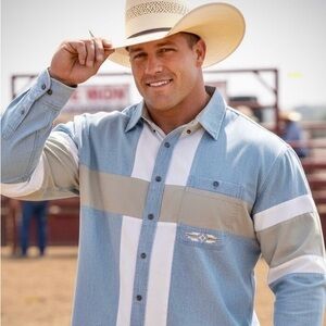 VTG 90s Wrangler Western Shirt XXL Colorblock Denim Blue Tan White SW Country‎